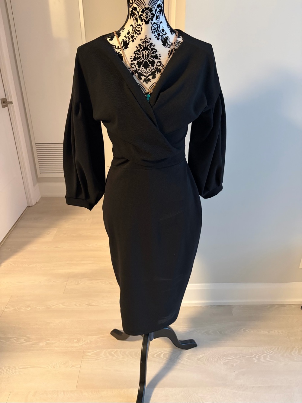 Boohoo Black Wrap Midi Dress with Balloon Sleeves